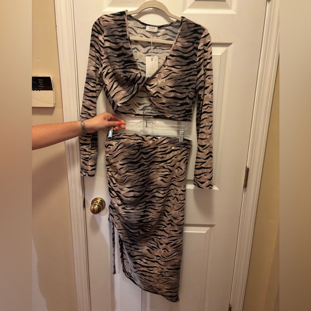 Leopard 2 Piece Outfit Cream and Black Midi Pencil Skirt with Asymmetrical Slit